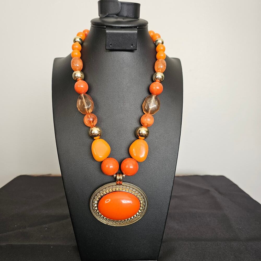 Bold Oversized Y2K Orange Cabochon Pendant With Chunky Beads. Artisan Made